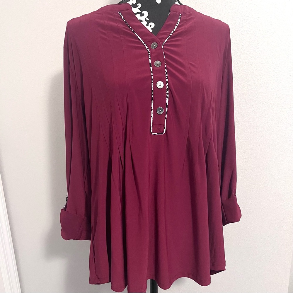 New Directions Curvy Women’s Long Sleeve Red Maple Henley Blouse Maroon 1X